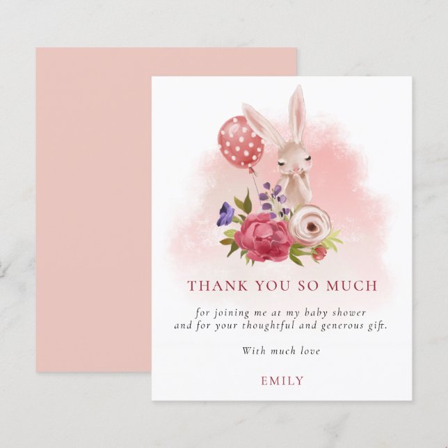 Papier Budget Bunny Florals Baby shower rose Merci (Devant / Derrière)