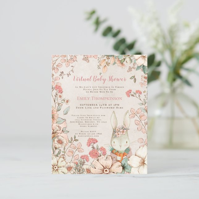 Papier Budget Bunny Girl Baby shower virtuel Invitation (Debout devant)