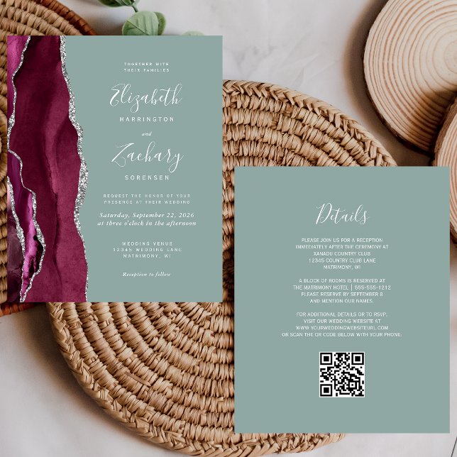 Papier Budget Burgundy Argent Agate Sage QR Code Mariage (Créateur téléchargé)