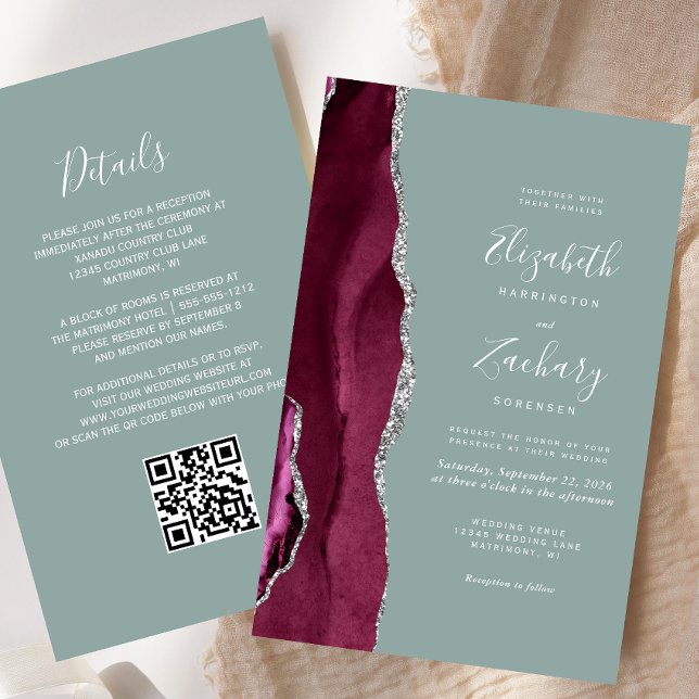 Papier Budget Burgundy Argent Agate Sage QR Code Mariage (Créateur téléchargé)