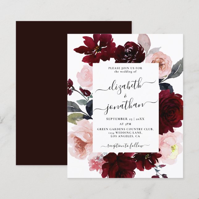 Papier Budget Burgundy Blush Floral Faire-part de mariage (Devant / Derrière)