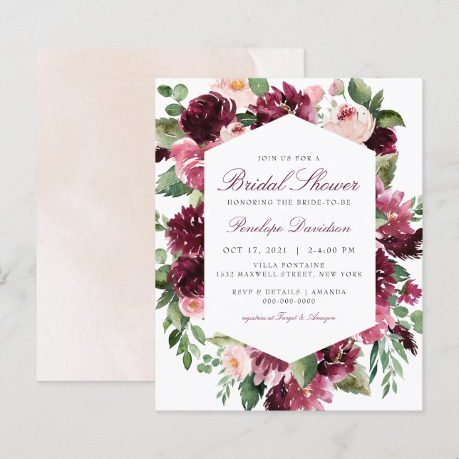 Papier Budget Burgundy Blush Floral Fête des mariées Invi (Devant / Derrière)