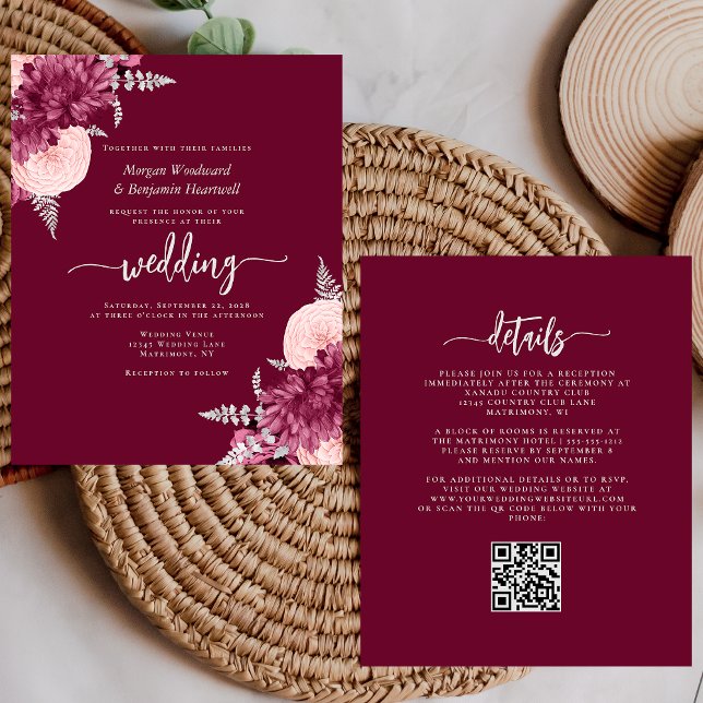 Papier Budget Burgundy Blush Floral QR Code Wedding (Créateur téléchargé)