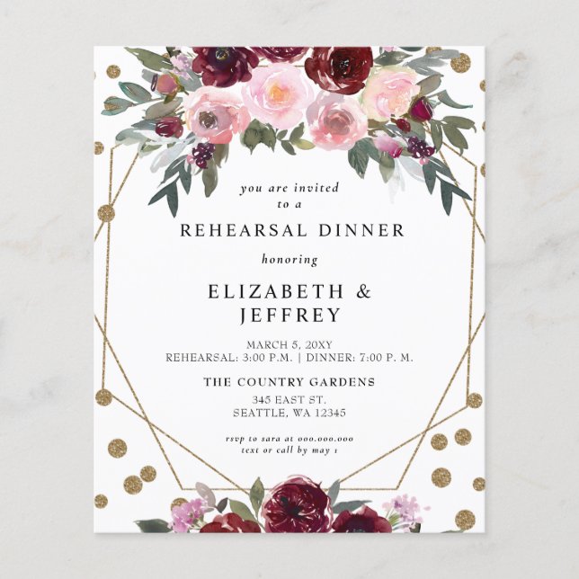 Papier Budget Burgundy Blush Revue Dîner Invitation (Devant)