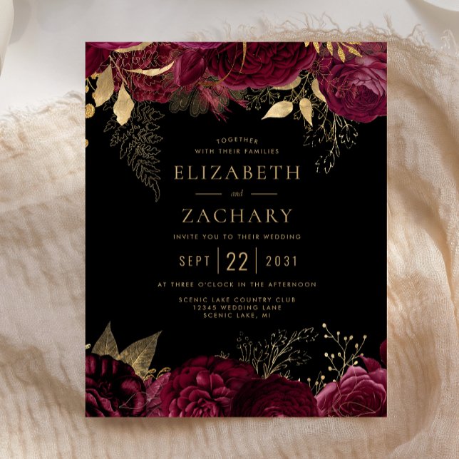 Papier Budget Burgundy Gold Floral Dark Wedding Invitatio (Créateur téléchargé)