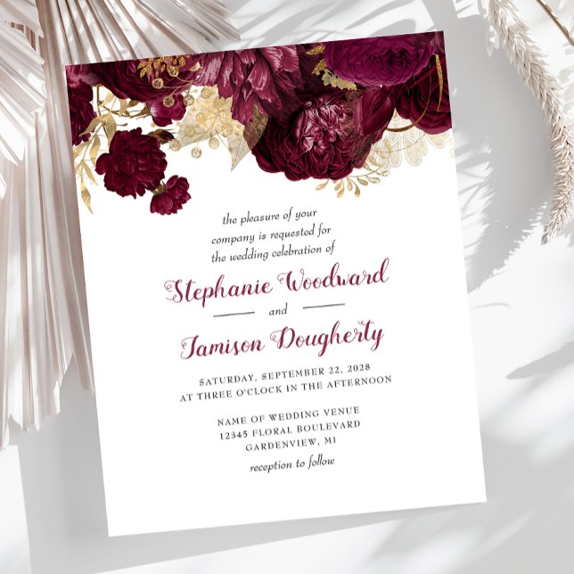 Papier Budget Burgundy Gold Floral Faire-part de mariage (Créateur téléchargé)