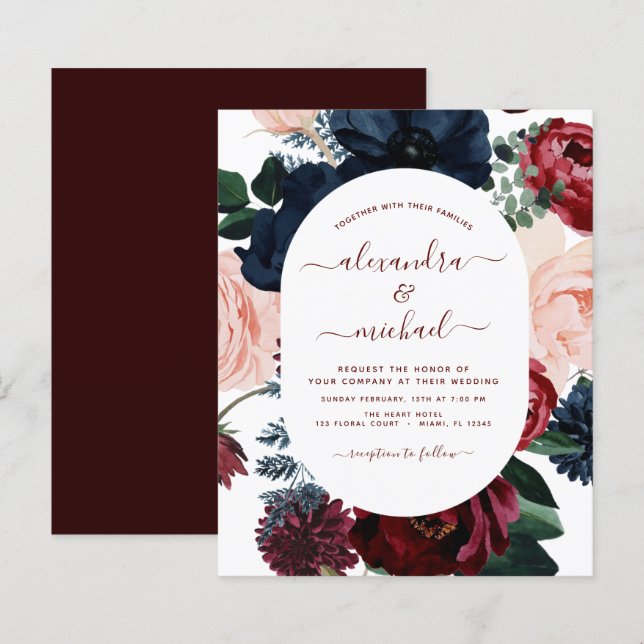 Papier Budget Burgundy Marine Blue Floral Mariage (Devant / Derrière)