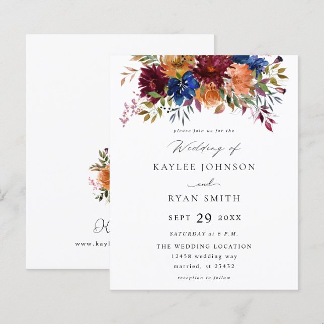 Papier Budget Burgundy Marine Orange Automne Mariage flor (Devant / Derrière)