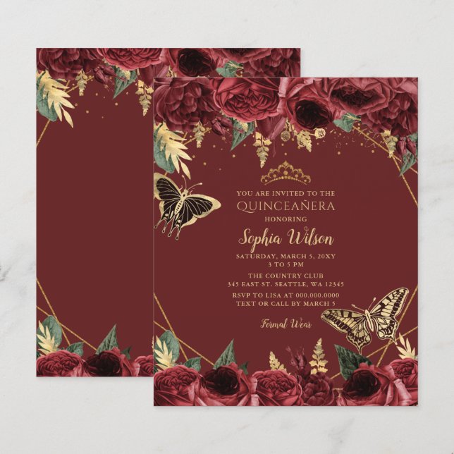 Papier Budget Burgundy Papillon Quinceañera Invitation (Devant / Derrière)
