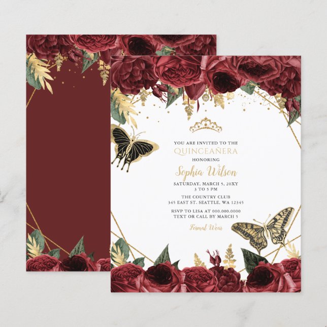 Papier Budget Burgundy Papillon Quinceañera Invitation (Devant / Derrière)