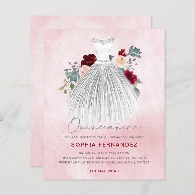 Papier Budget Burgundy parties scintillant en argent robe (Devant / Derrière)