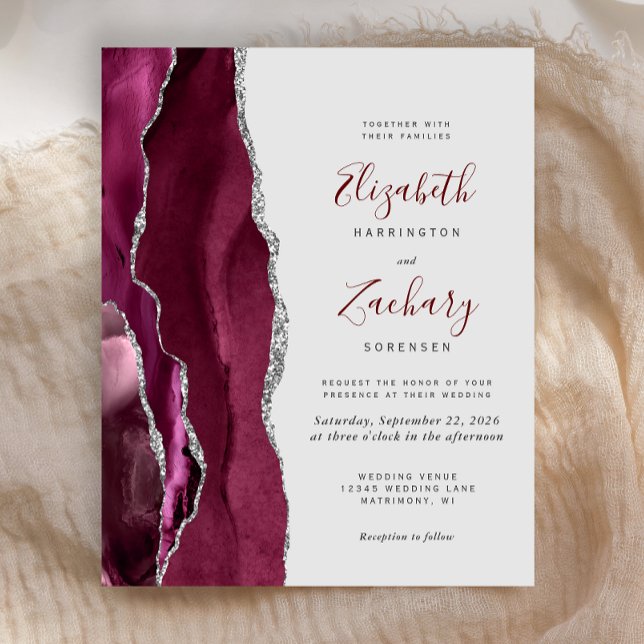 Papier Budget Burgundy Silver Agate Gray Wedding Invite (Créateur téléchargé)