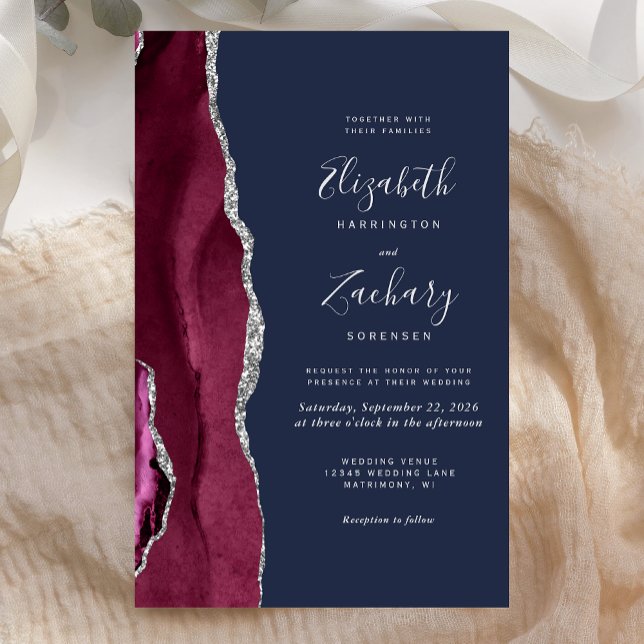 Papier Budget Burgundy Silver Agate Navy Blue Wedding (Créateur téléchargé)