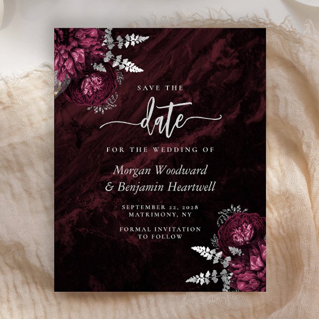 Papier Budget Burgundy Silver Floral Save the Date (Créateur téléchargé)