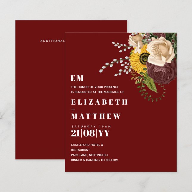 Papier Budget Burgundy Tournesols Floral Mariages Invite (Devant / Derrière)