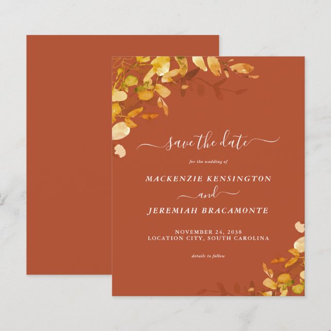 Papier Budget Burnt Orange Botanical Enregistrer la date (Devant / Derrière)