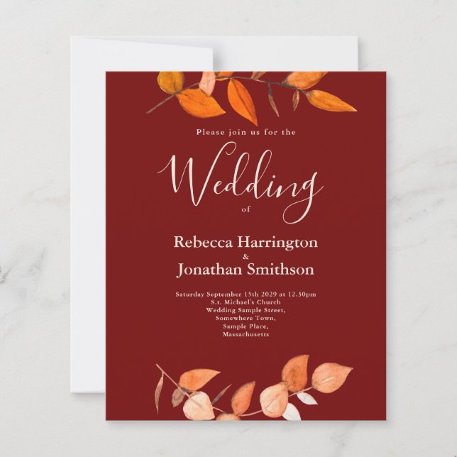 Papier Budget Burnt Orange Leaf Rouge Mariage RSVP Invita (Devant)