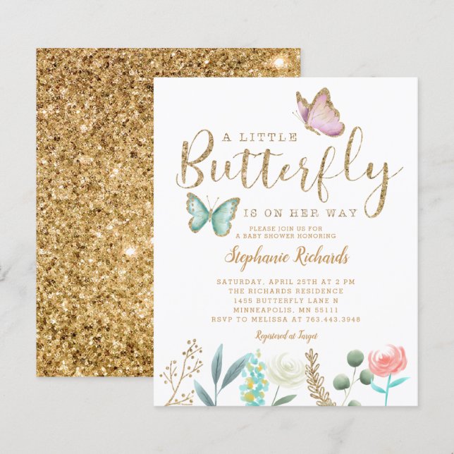 Papier Budget Butterfly Garden Baby shower d'or Invitatio (Devant / Derrière)