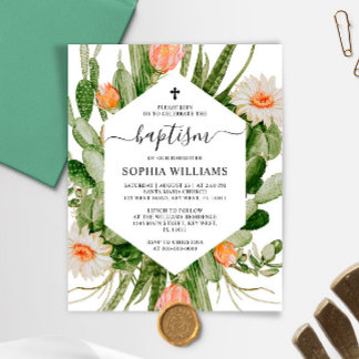 Papier Budget Cactus Flowers Frame Baptism Invitation