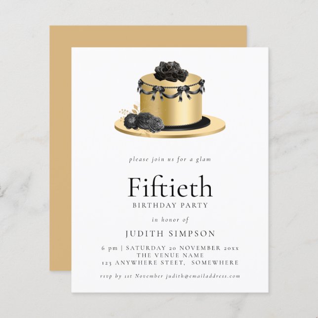 Papier Budget Cake Gold Black 50e anniversaire Invitation (Devant / Derrière)