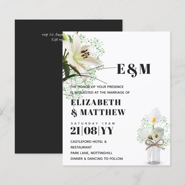 Papier BUDGET Calla Lilies Chic Shabby Mariage Invitation (Devant / Derrière)