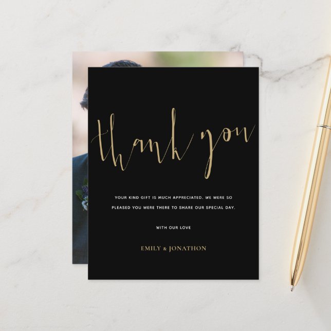 Papier Budget Calligraphie Photo Gold Black Mariage Merci (Devant/Arrière en situation)