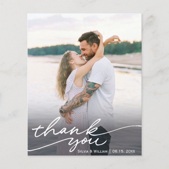 Papier Budget Calligraphie Script Mariage Photo Merci (Devant)