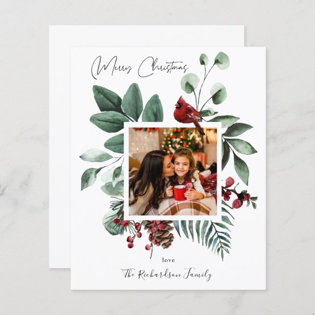 Papier Budget Cardinal Bird & Pine Joyeux Noël Photo (Devant / Derrière)