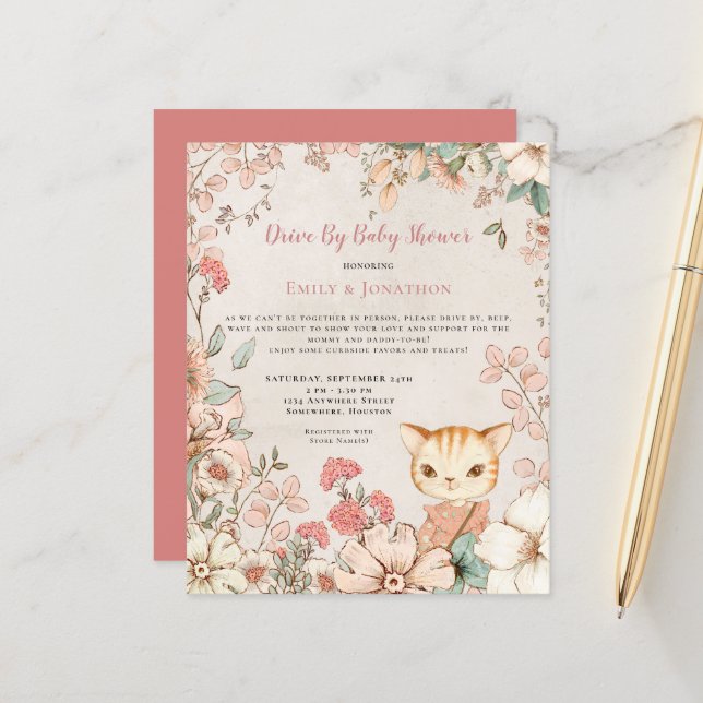 Papier Budget Cat Floral Drive Par Baby shower Invitation (Devant/Arrière en situation)