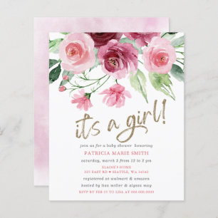 Papier Budget C'est une fille Baby shower floral Bourgogn