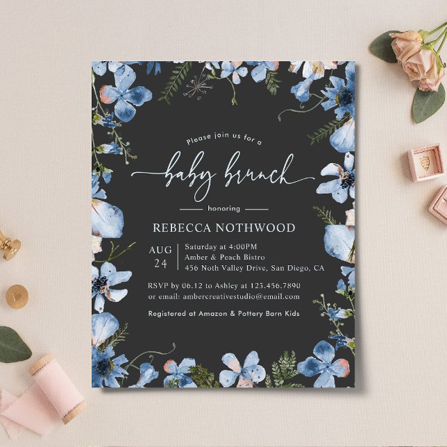 Papier Budget Charcoal Blue Floral Baby Brunch Invitation (Créateur téléchargé)