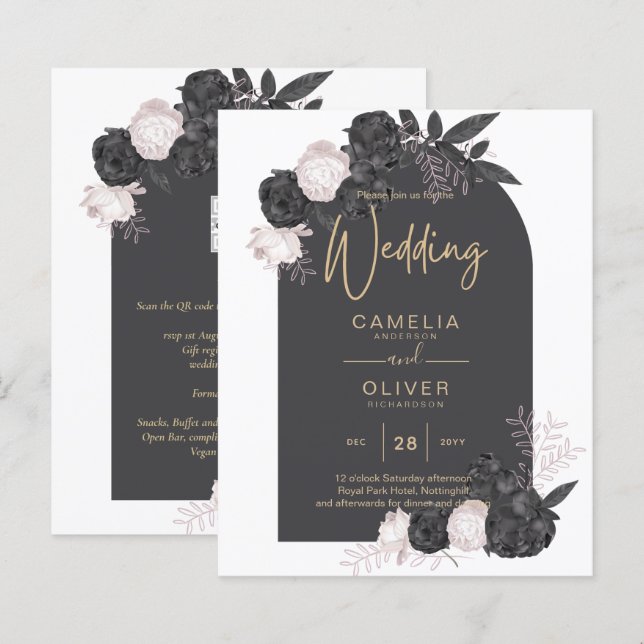 Papier BUDGET Charcoal Gris rose Roses Mariage INVITE (Devant / Derrière)