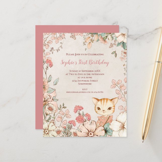 Papier Budget Chat Floral 1er Anniversaire Invitation fil (Devant/Arrière en situation)