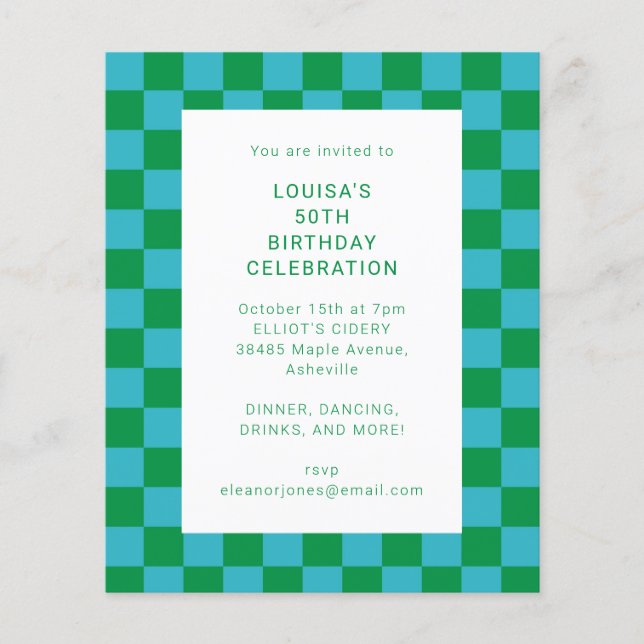 Papier Budget Checkerboard Blue Green Invitation d'annive (Devant)