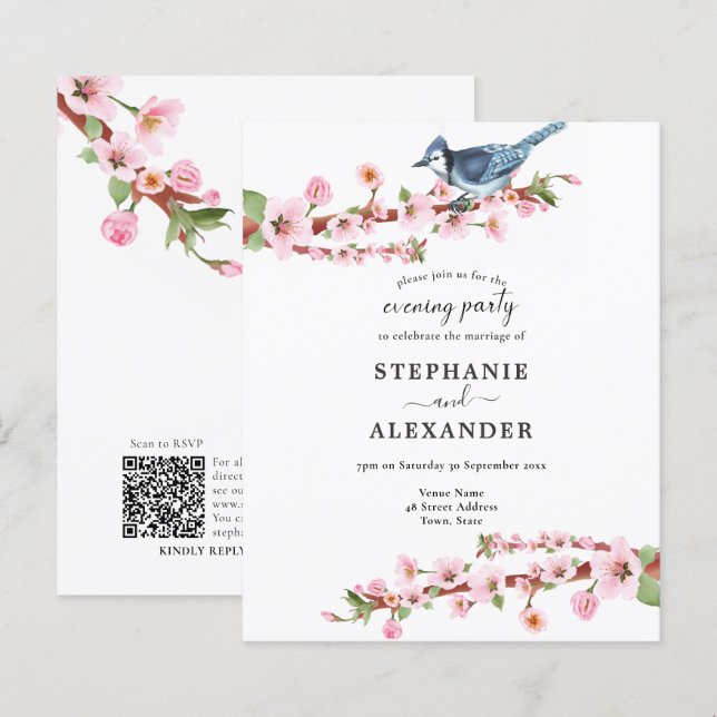 Papier Budget Cherry Blossom Bird QR Soirée Invitation (Devant / Derrière)
