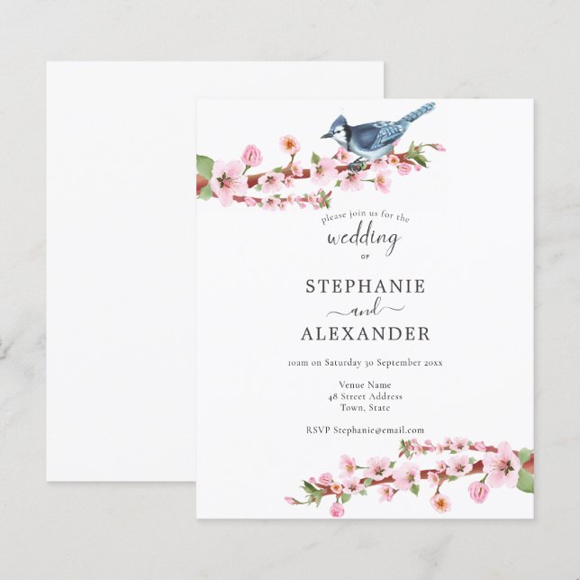Papier Budget Cherry Blossom Blue Bird Wedding Invitation (Devant / Derrière)
