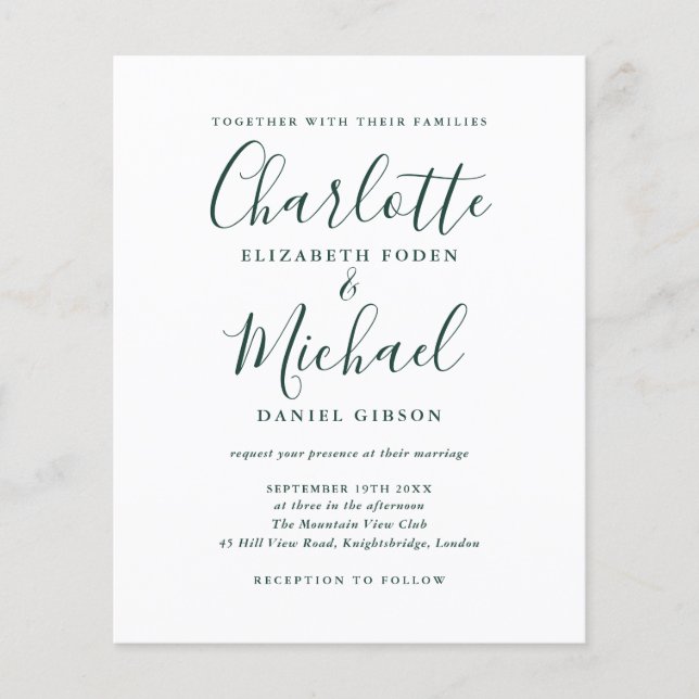 Papier Budget Chic Faire-part de mariage de script Emeral (Devant)