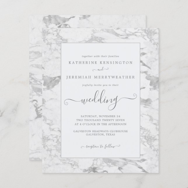 Papier Budget Chic Faire-part de mariage en marbre argent (Devant / Derrière)