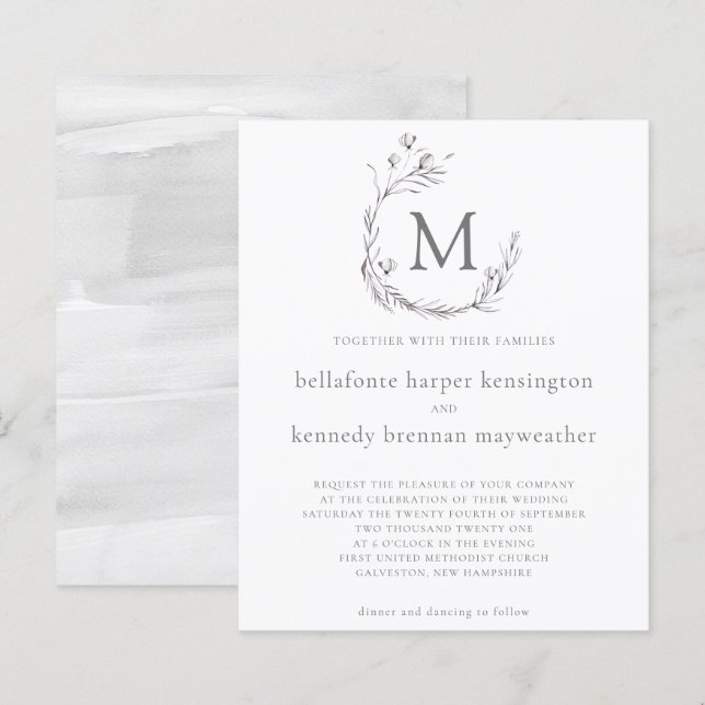 Papier BUDGET Chic gris blanc Aquarelle Mariage floral (Devant / Derrière)