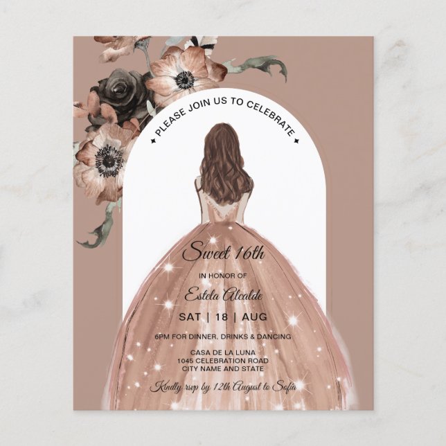 Papier Budget Chic rose Floral Sweet 16th Arch Invitation (Devant)