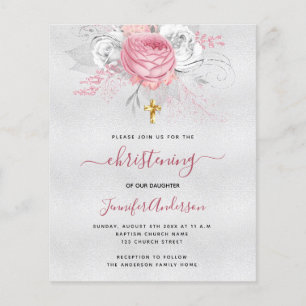 Papier Budget Christening argent rose floral invitation