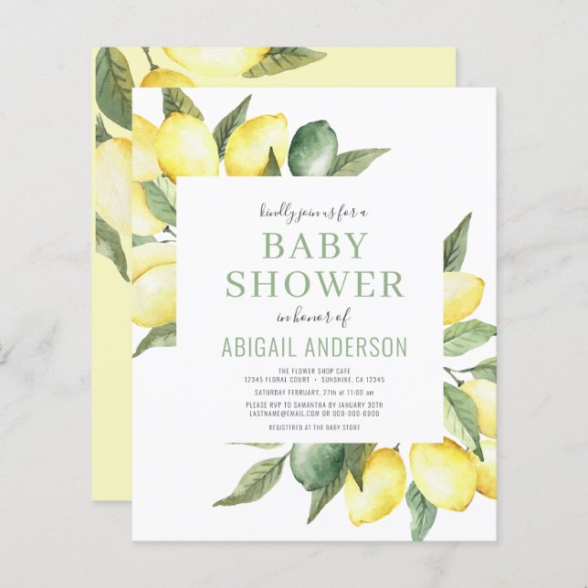 Papier Budget Citrus Citrus Baby shower moderne Invitatio (Devant / Derrière)
