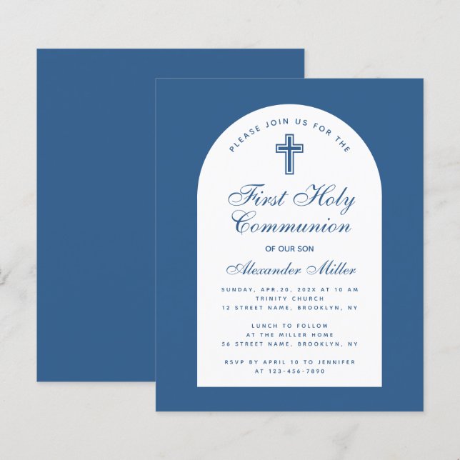 Papier Budget Classic Arc Bleu 1ère communion Invitation (Devant / Derrière)