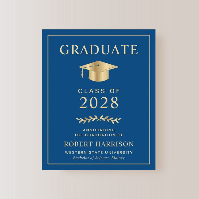 Papier Budget Classic Blue Gold Faire-part (An elegant college graduation announcement to celebrate the graduate's achievements)