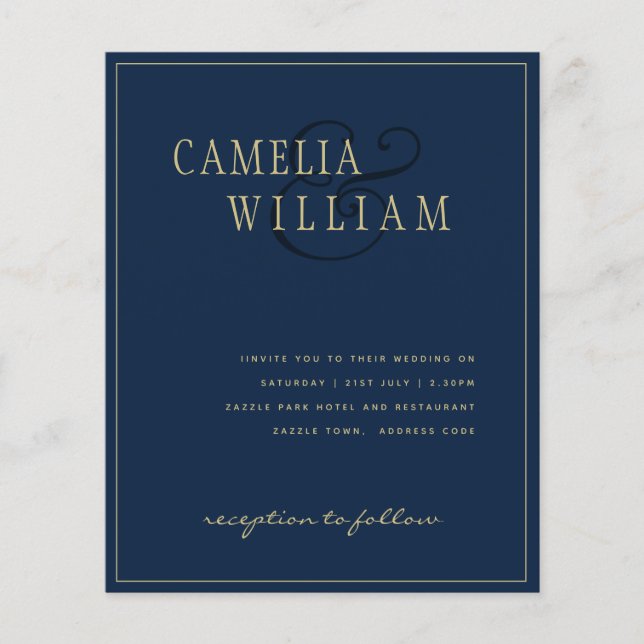 Papier BUDGET Classic Marine Blue Gold Mariage Invitation (Devant)