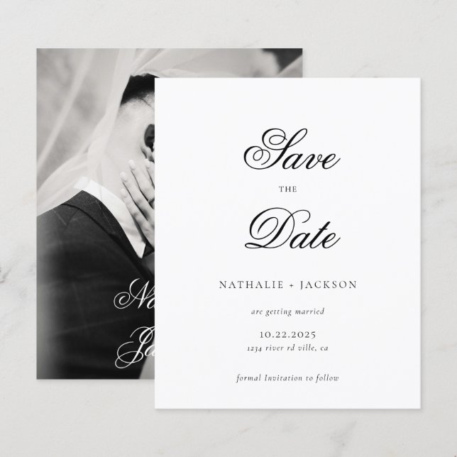 Papier BUDGET Classic Script Photo Wedding Save the Date (Devant / Derrière)