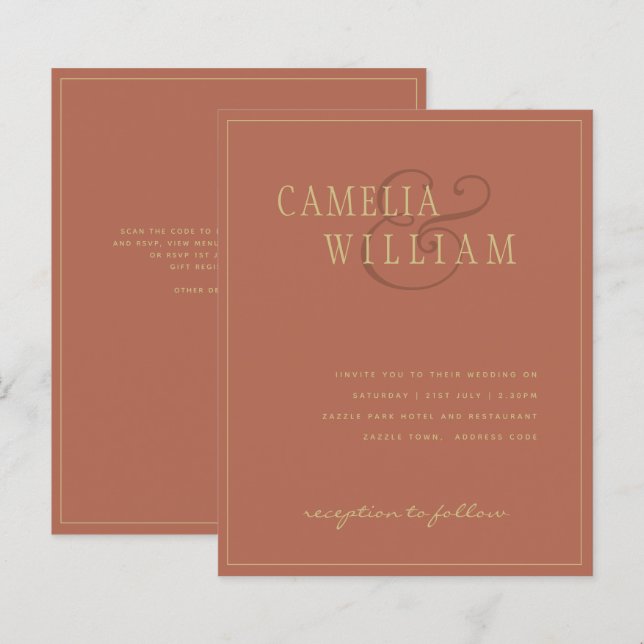 Papier BUDGET Classic Terracotta Gold Wedding Invitation (Devant / Derrière)
