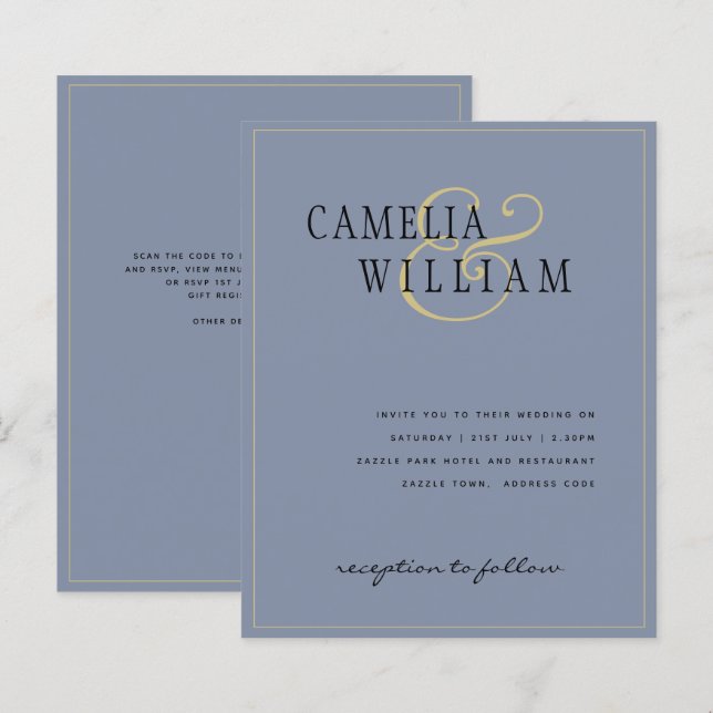 Papier BUDGET Classique Dusty Blue Gold Mariage Invitatio (Devant / Derrière)