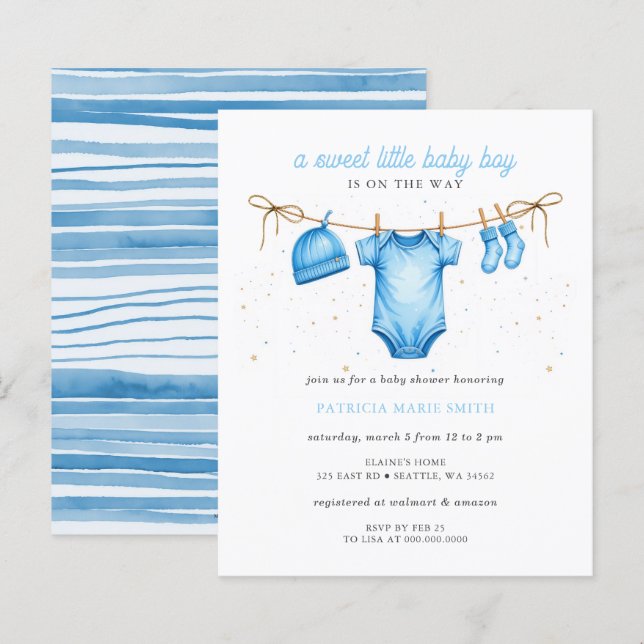 Papier Budget Clothesline Blue Boy Baby Shower invitation (Devant / Derrière)