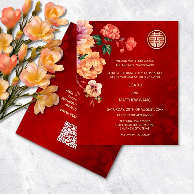 Papier BUDGET | Code QR | Mariage chinois Peony (Créateur téléchargé)